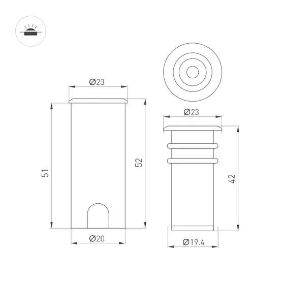 Фото #4 товара Светильник ART-PELURU-GROUND-R23-1W Warm3000 (SL, 100 deg, 24V) (Arlight, IP67 Металл, 3 года)